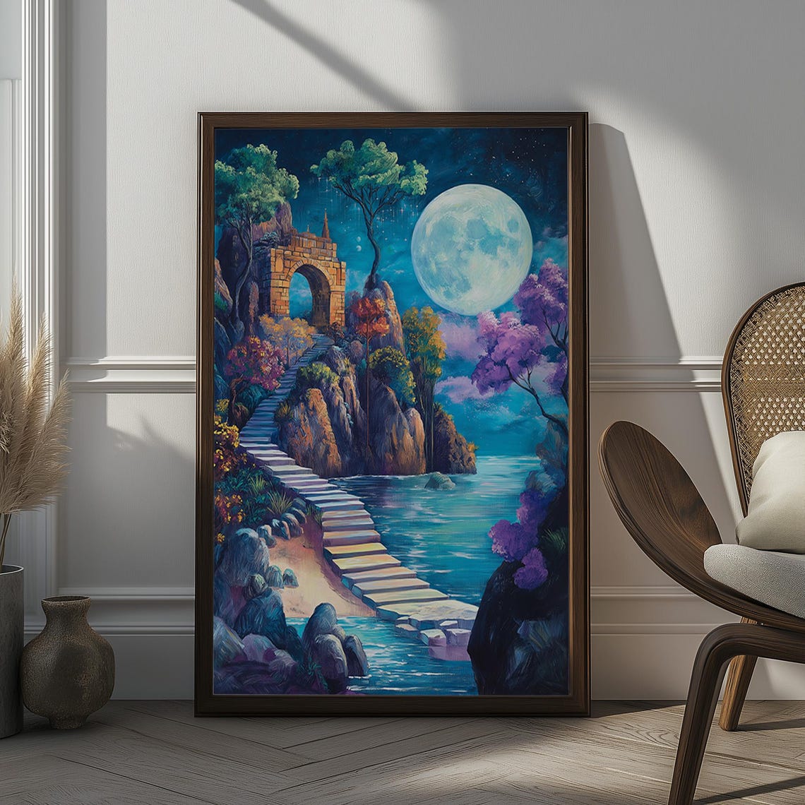 Moonlit Stone Pathway Over Sea Coastal Fantasy Night Scene Poster