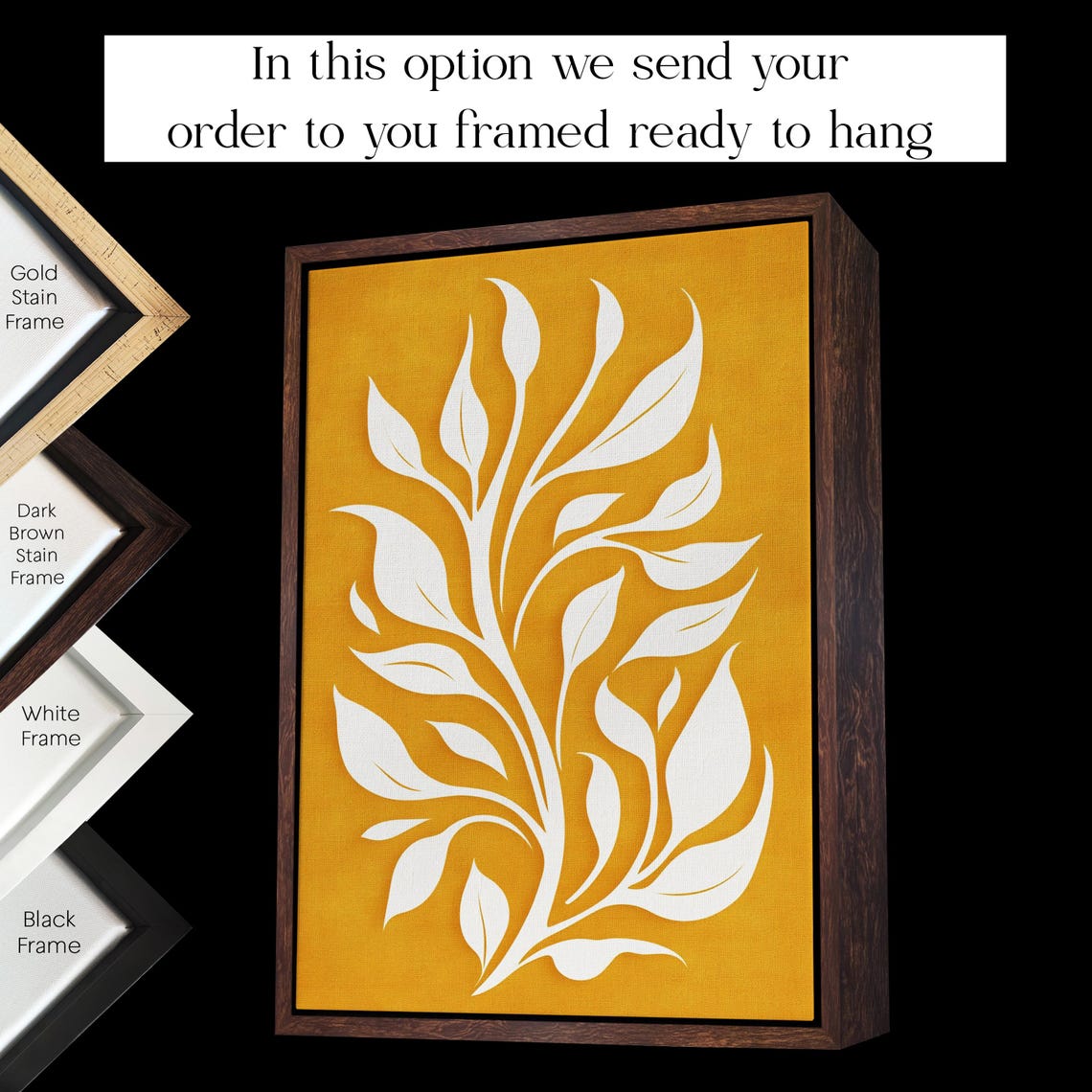 White Botanical Leaves on Mustard Yellow Boho Chic Floral Wall Art - Image 3
