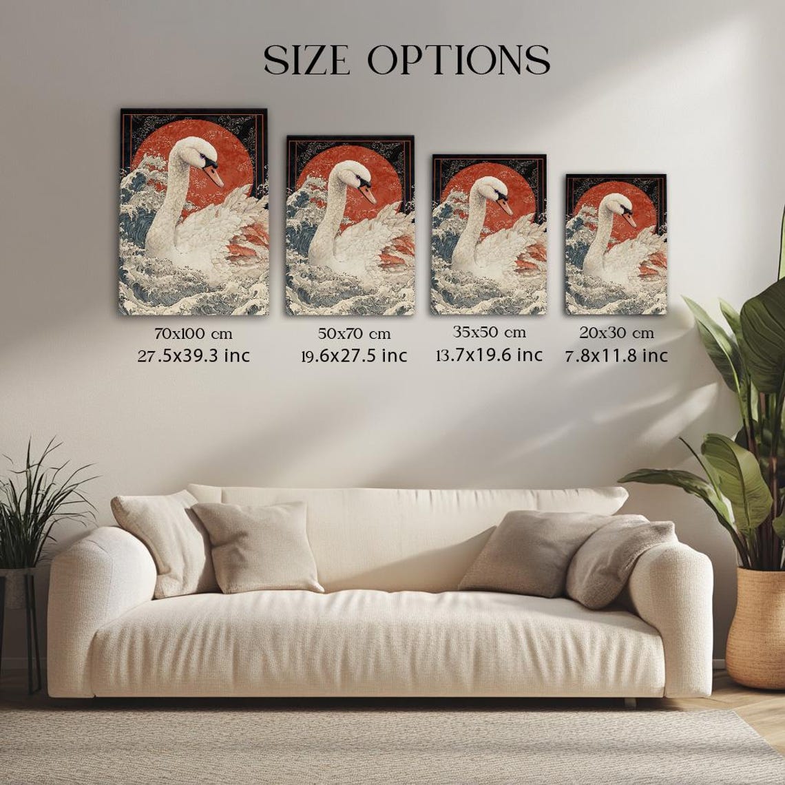 Elegant White Swan Japanese Ocean Waves Red Sun Decor Poster - Image 3