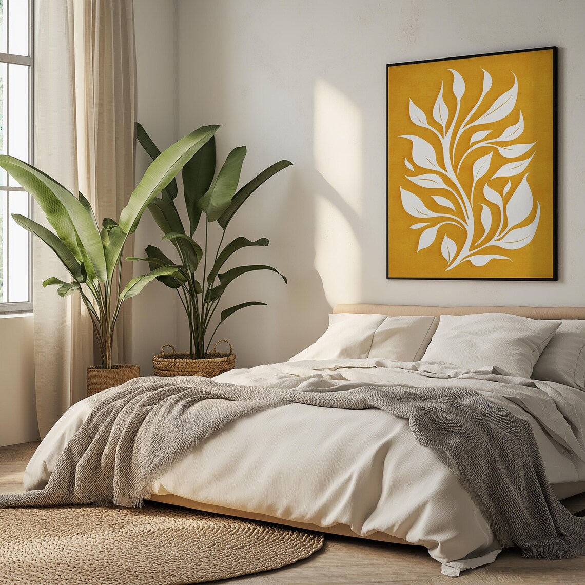 White Botanical Leaves on Mustard Yellow Boho Chic Floral Wall Art - Image 5