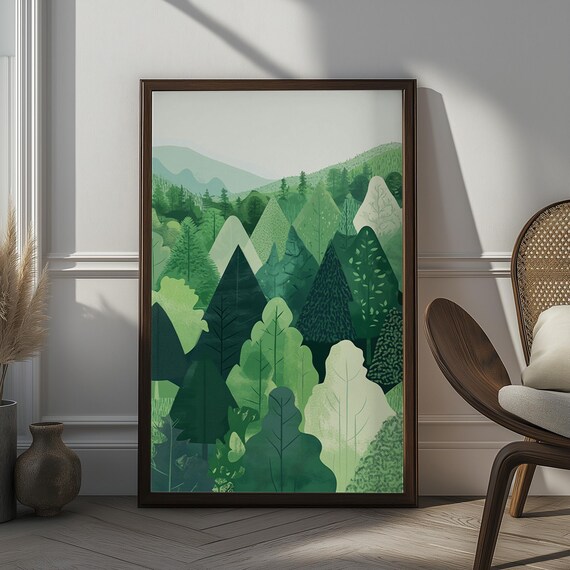 Serene Green Forest Wall Art Abstract Nature Landscape With Trees And Mountains Modern Home Dcor Tranquil Outdoor Art For Living Room