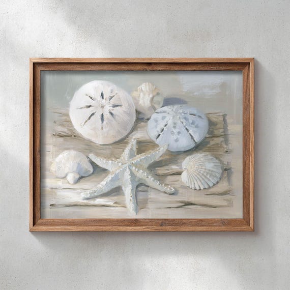 Coastal Seashell Still Life, Neutral Beach House Art Print