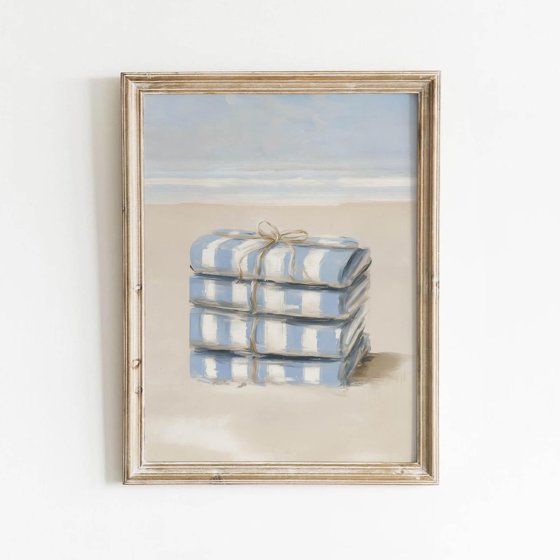 Stacked Blue Striped Beach Towels Twine Coastal Still Life Wall Poster Art