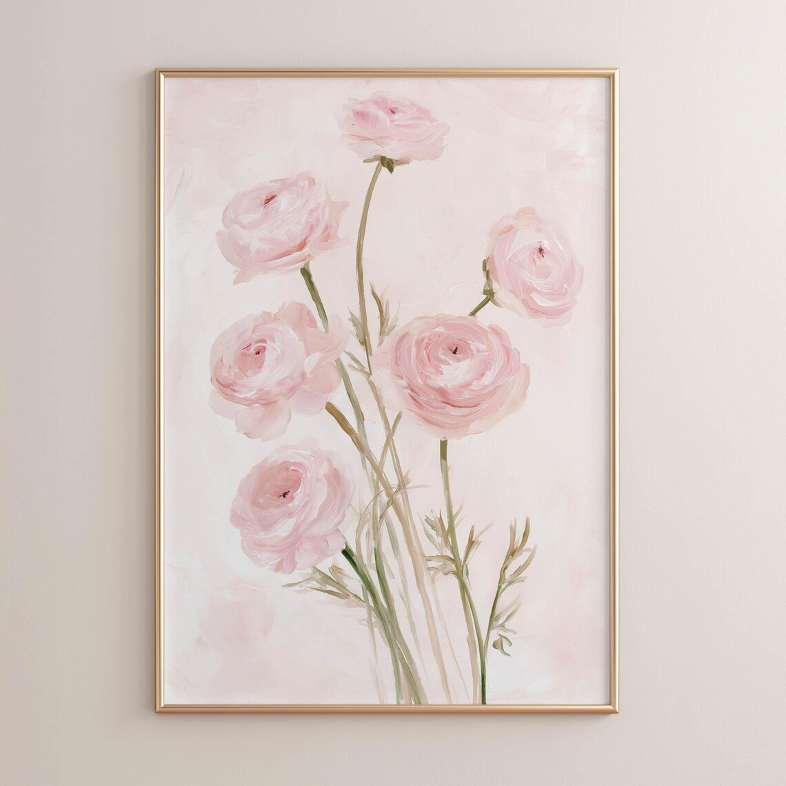 Soft Pink Ranunculus Bouquet Delicate Pastel Floral Watercolor Style Painting Poster