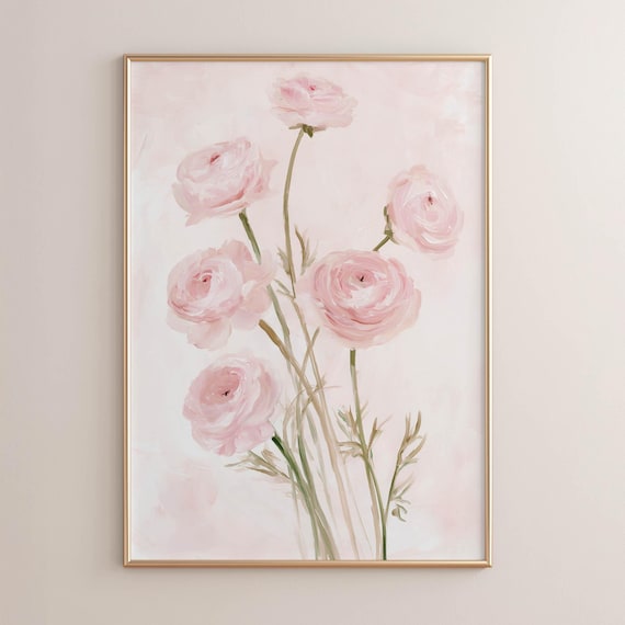 Printed Soft Pink Ranunculus Bouquet Wall Art Delicate Floral Painting Feminine Bedroom Decor Pastel Flower Print Home Poster P748