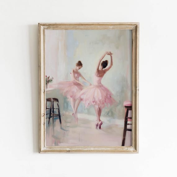 Two Ballerinas Pink Tutus Pastel Ballet Art Printable Impressionistic Retro Coquette Style Spring Summer Soft Wall Decor 0273