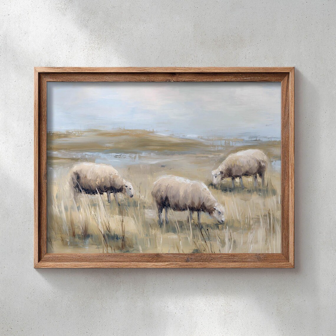 Sheep In Golden Meadow Poster Print, Rustic Country Landscape
