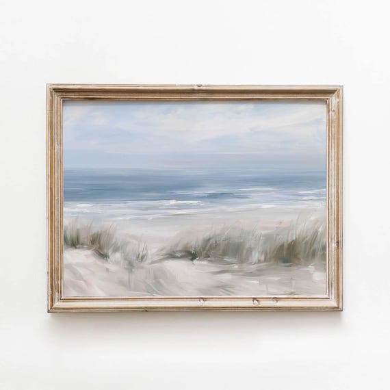 Serene Sand Dunes Coastal Landscape Printable Wall Art Muted Blue Gray Beach Painting Neutral Ocean Horizon Digital Download 738