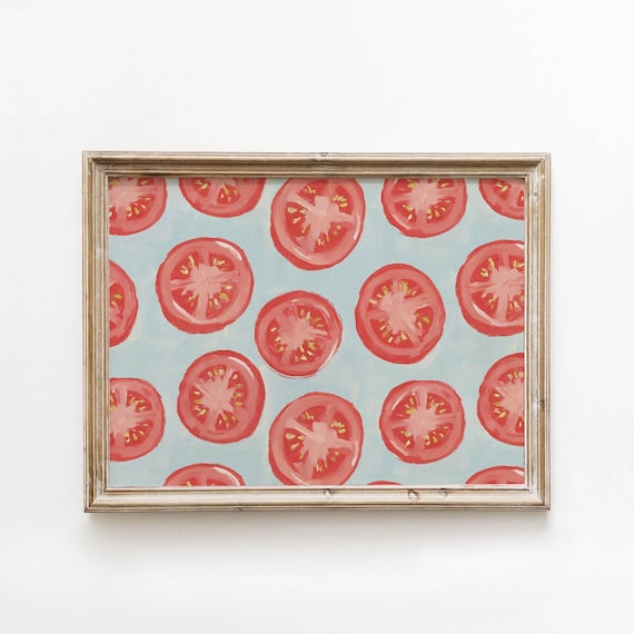 Sliced Tomatoes Pattern Retro Kitchen Playful Produce Wall Decor Poster