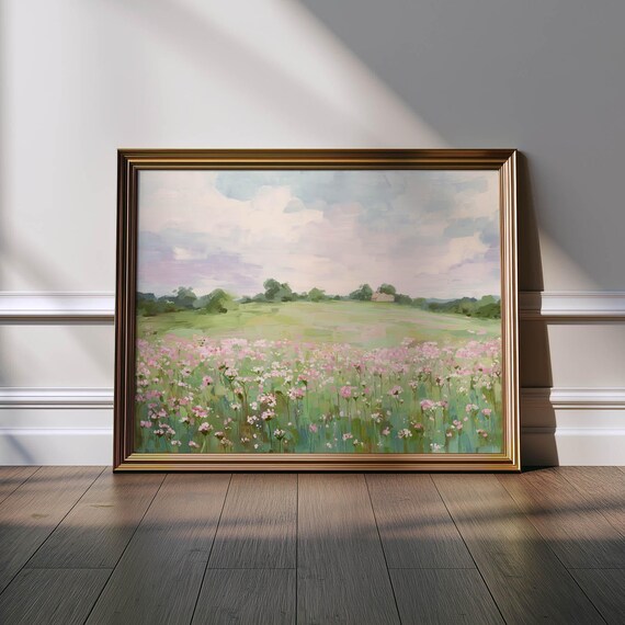 Sunlit Wildflower Meadow, Vintage Cottagecore Landscape Art Print