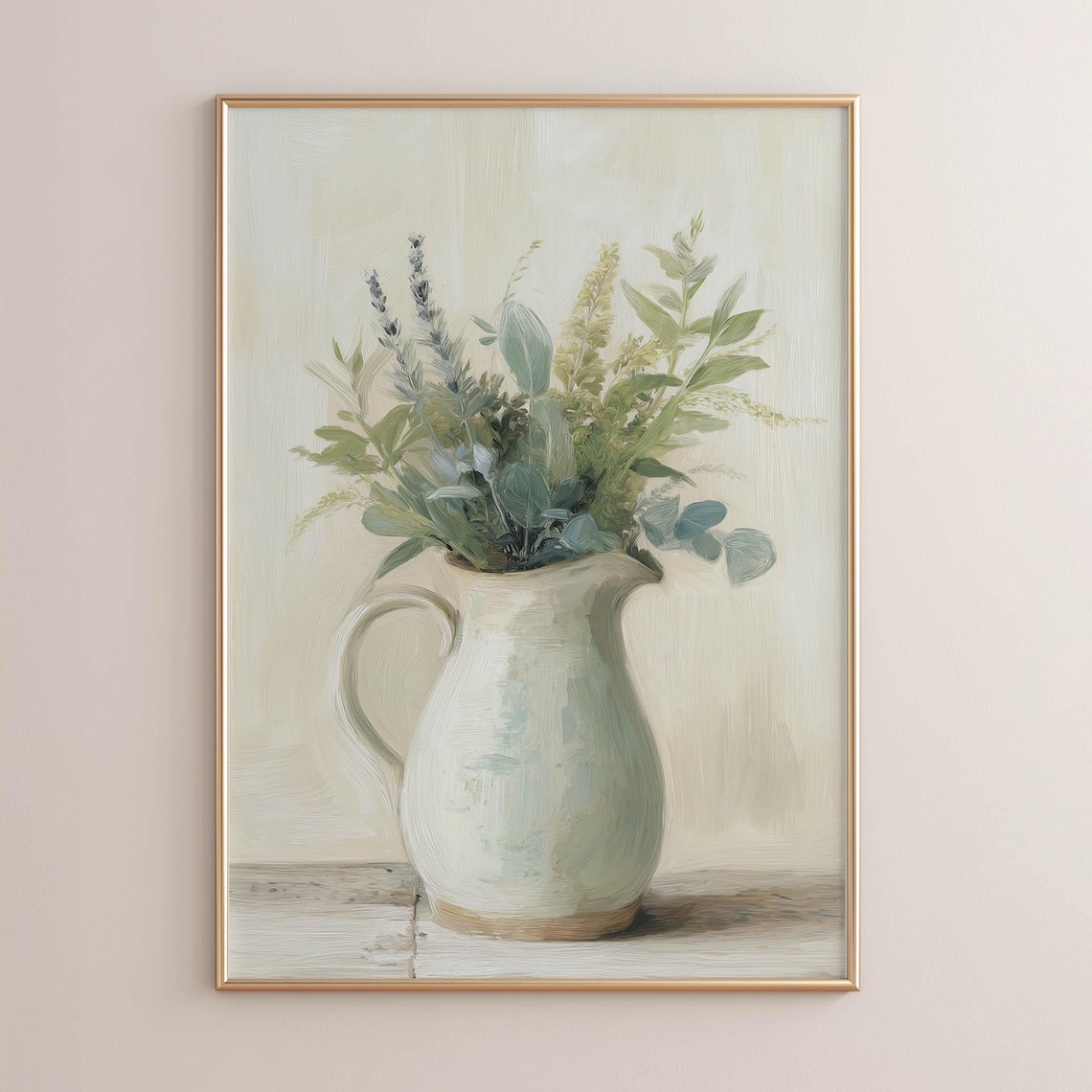 Cream Ceramic Pitcher Eucalyptus Botanical Oil Painting Kitchen Poster