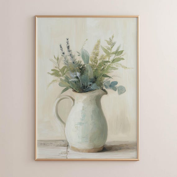 Cream Ceramic Pitcher Eucalyptus Kitchen Poster Print Neutral Calming Cottagecore Still Life Art Muted Tone Natural Arrangement P375