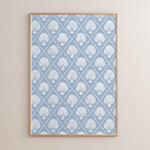 Coastal Cottagecore Nautical Shell Poster Print Dusty Blue And White Seashell Art Serene Beachy Decor Vintage Graphic Wall P122
