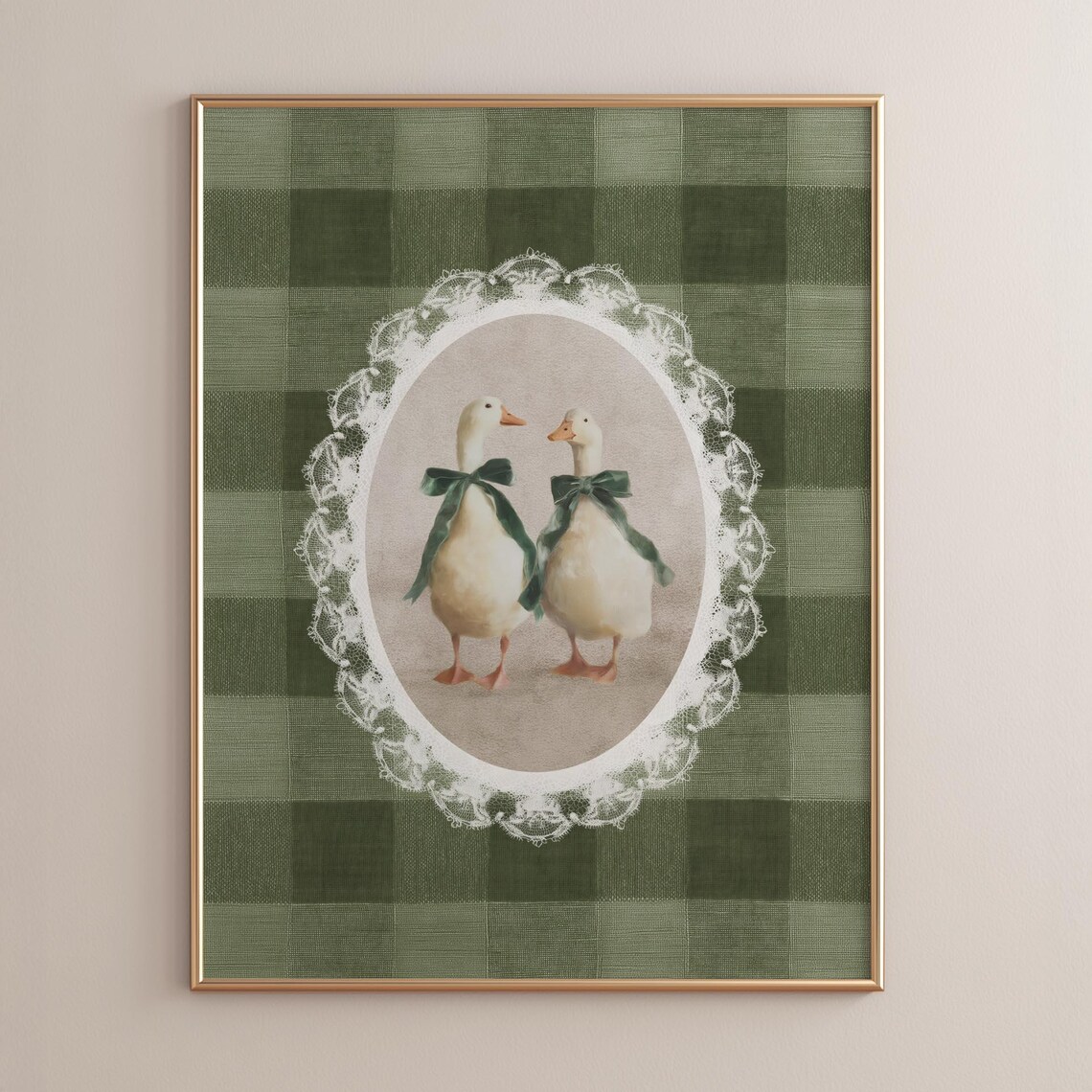 Coquette Geese Art Poster White Ducks with Green Bows Gingham Farmhouse Decor