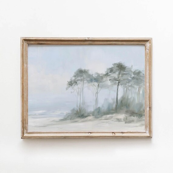 Coastal Pine Trees on Sandy Dunes Misty Blue Gray Art Poster