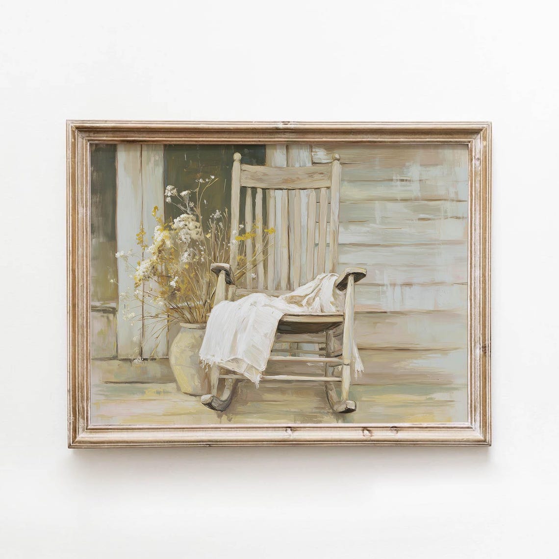 Farmhouse Rocking Chair White Blanket Dried Flowers Porch Poster