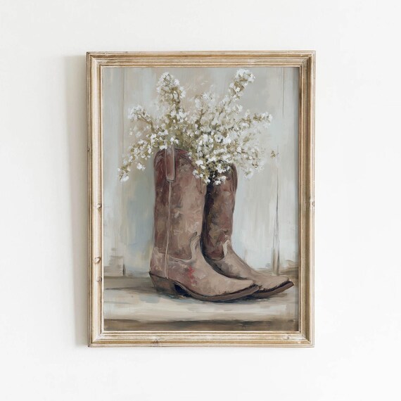 Worn Brown Cowboy Boots Wildflowers Printable Rustic Farmhouse Wall Art Muted Cream Taupe Vintage Country Decor Digital Download 499