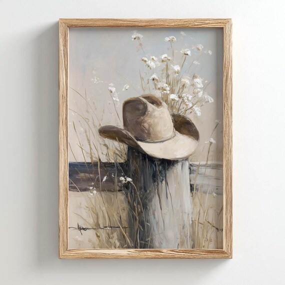 Printed Cowboy Hat On Rustic Fence Post Wild Grasses White Wildflowers Warm Neutral Tones Western Country Style Oil Painting 0538