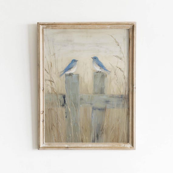 Muted Blue Birds Fence Post Printable Rustic Cottage Wall Art Vintage Farmhouse Decor Neutral Landscape Painting Dusty Tan Download 496