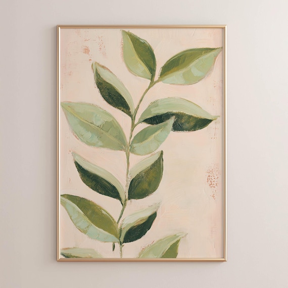 Green Leaf Branch Blush Pink Botanical Oil Painting Minimalist Poster