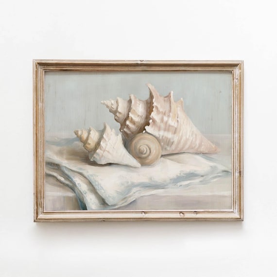 Neutral Seashell Still Life Printable Vintage Coastal Wall Art Cream Ivory Shells Decor Cottage Bedroom Pale Blue Download 431