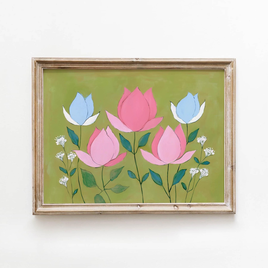 Folk Art Pink And Blue Lotus Flowers Blooming On Olive Green Poster