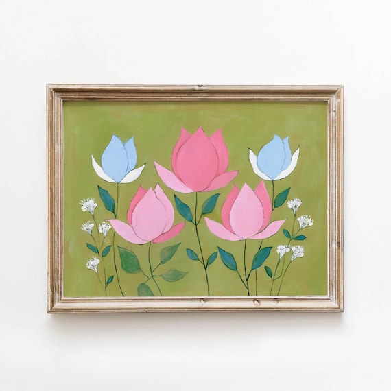 Folk Art Pink And Blue Lotus Flowers Blooming On Olive Green Poster