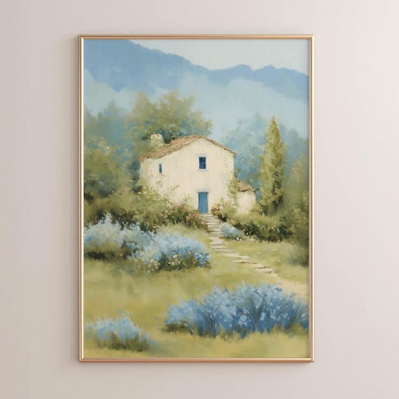 Cottagecore Cream Country Cottage With Blue Door Art Print