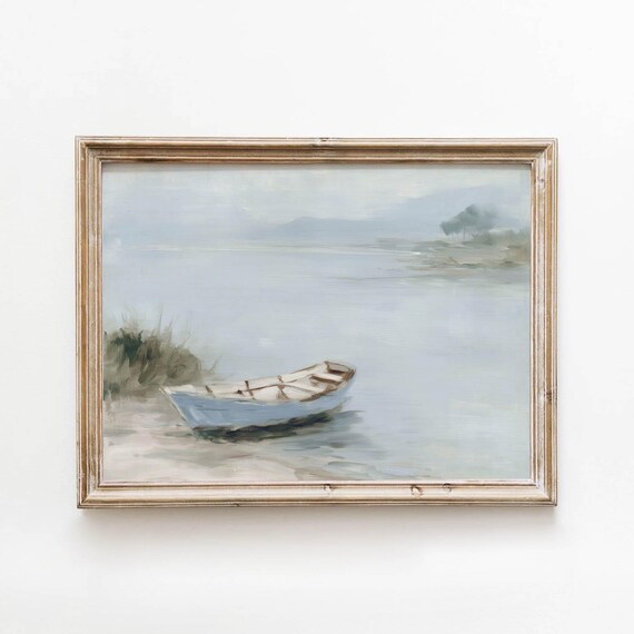 Moody Coastal Rowboat At Waters Edge Muted Blue Neutral Painting Serene Lake Landscape Wall Art Vintage Printable Digital Download 737