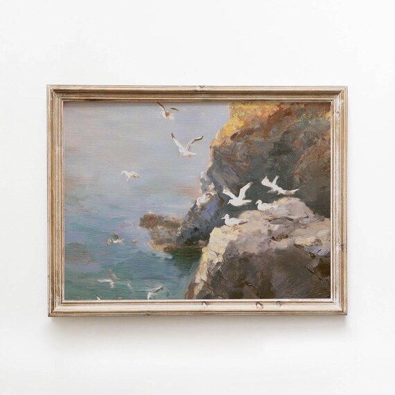 Seagulls On Rocky Coastal Cliff Vintage Seascape Oil Painting Poster
