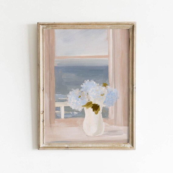 Blue Hydrangeas Vase Art Print, Coastal Cottage Decor