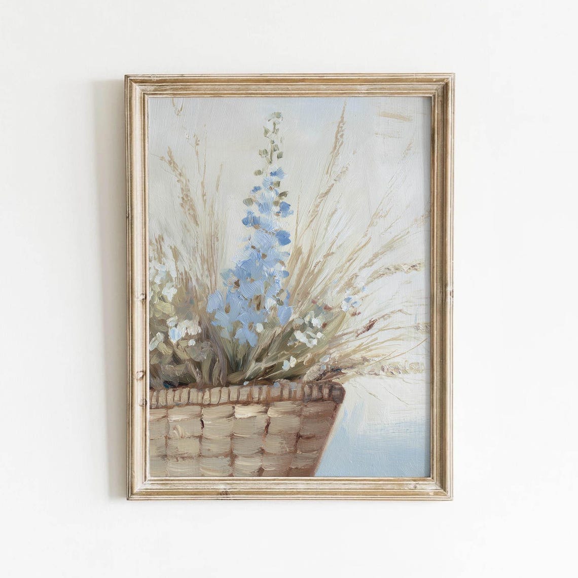 Muted Blue Wildflower Basket Rustic Floral Still Life Art Print