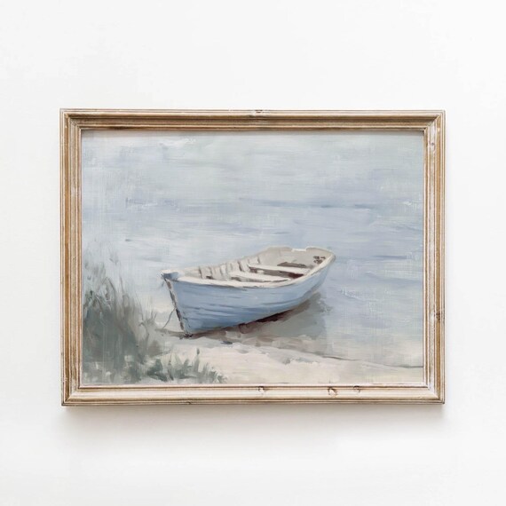 Rowboat On Sandy Shore Muted Blue Coastal Landscape Art Poster