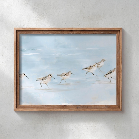 Printed Sandpipers Running Beach Shoreline Coastal Wall Art Muted Neutral Tan Cream Pale Blue Sea Sky Serene Beachy Painting 0711