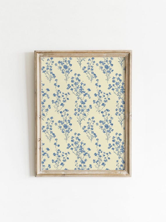 Vintage French Blue Tiny Floral Pattern Wall Art Cream Rustic Botanical Shabby Chic Printable Decor Digital Download 0114