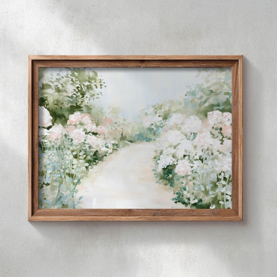 Printed Cottage Garden Path With White Blush Pink Flowers Romantic Floral Wall Art Rustic Farmhouse Decor Spring Landscape Painting 0694