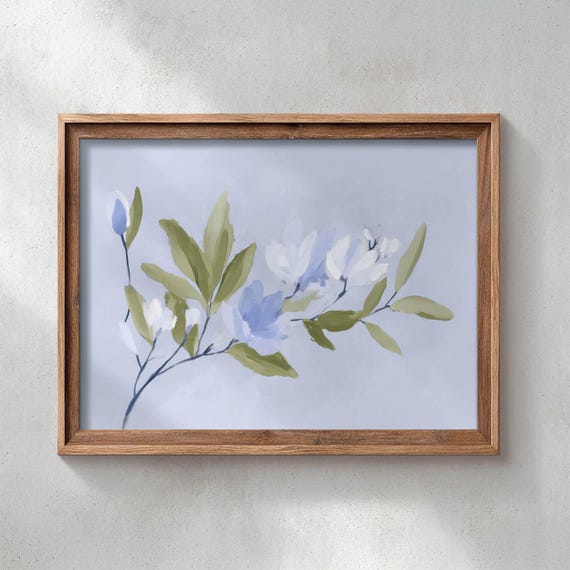 Botanical Poster Print With Magnolias Pastel Purple Blossoms On Olive Branches Cottagecore Farmhouse Wall Art Calming Decor For Home P127
