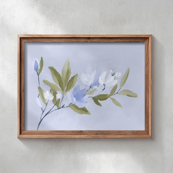 White Magnolia Blossoms on Pale Blue Soft Floral Botanical Art Print