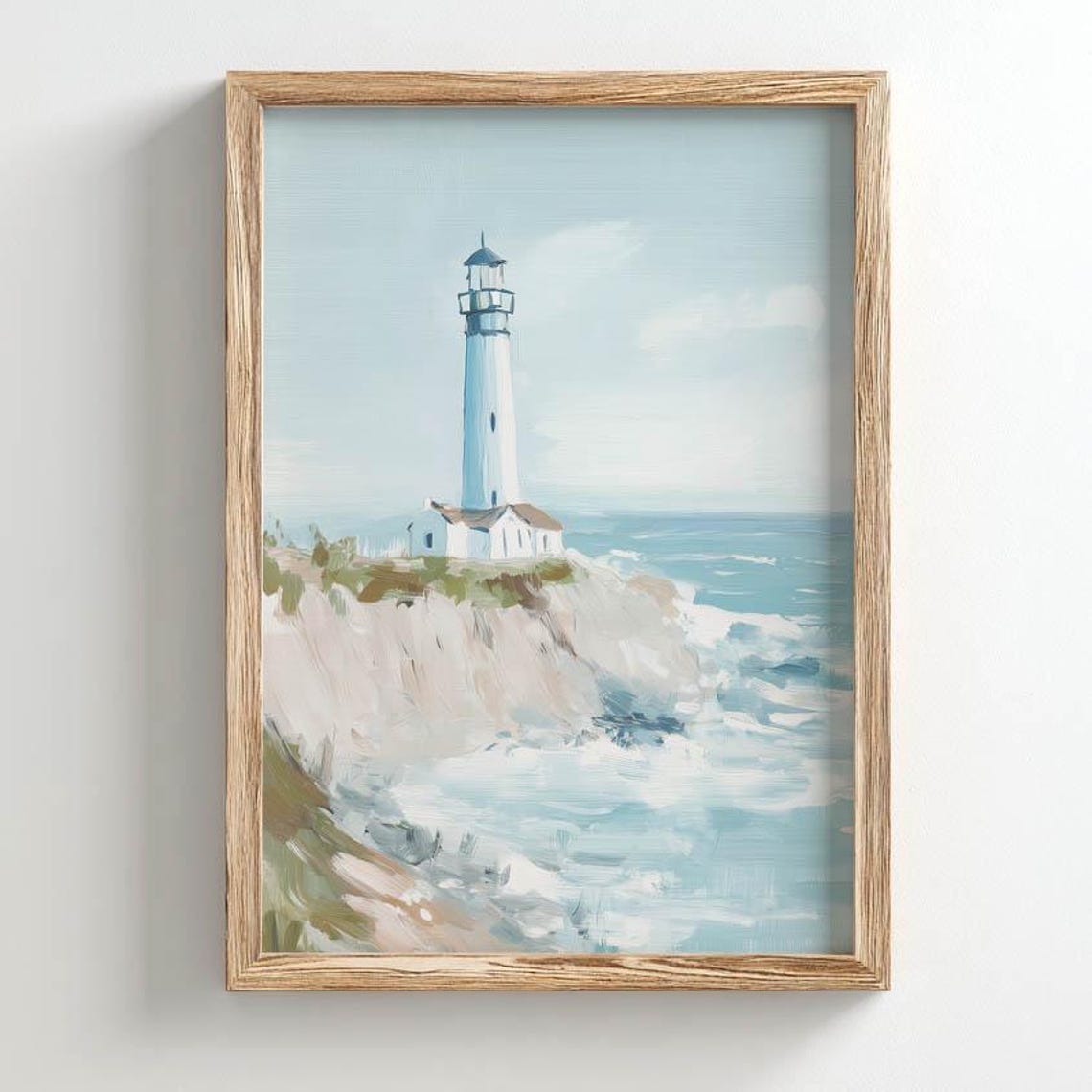 White Lighthouse on Ocean Cliff Seascape Oil Painting Style Poster