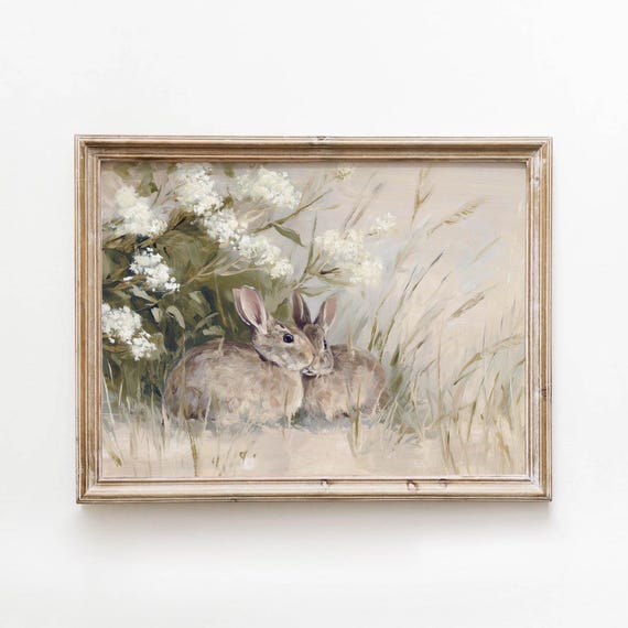 Vintage White Wildflower Rabbits Printable Sage Green Cottage Wall Art Rustic Neutral Decor Digital Download 603