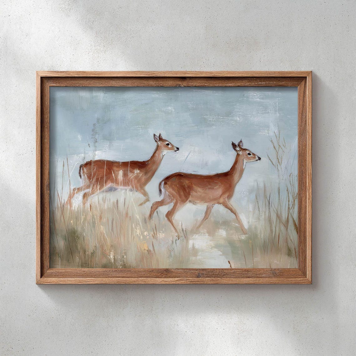 Two Deer Running Through Tall Golden Grass Soft Vintage Nature Poster