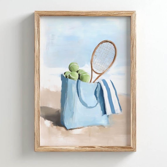 Printed Chic Tennis Bag With Racket And Balls Poster Lightblue Tote Wooden Summery Sporty Dcor Classic Design P310