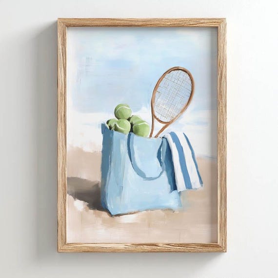 Vintage Tennis Bag Poster Wooden Racket Balls Beach Watercolor