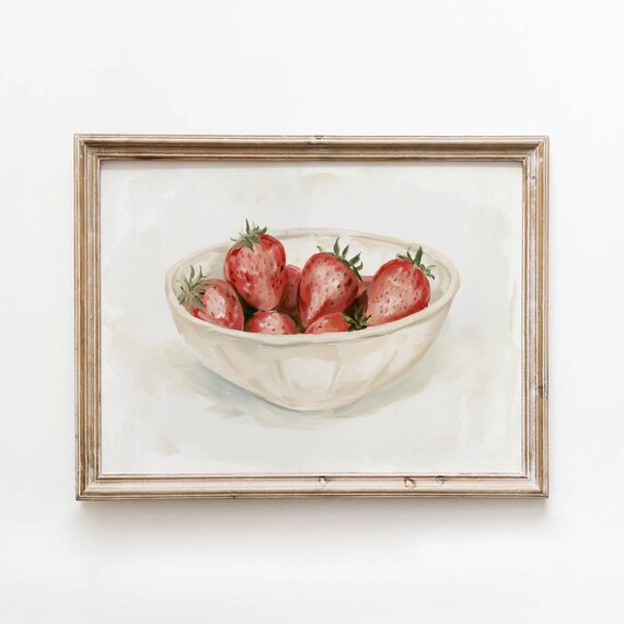 Printable Strawberries In Cream Ceramic Bowl Vintage Kitchen Art Rustic Cottage Painting Muted Farmhouse Wall Decor Digital Download 749