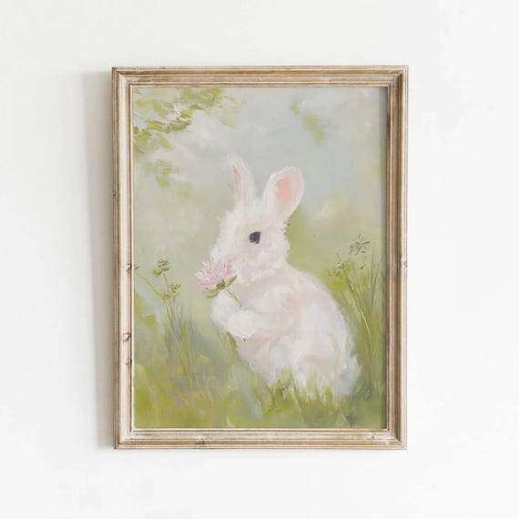 Pastel Baby Rabbit Printable Muted Wildflower Wall Art Cute Cottagecore Decor Soft Nursery Green Digital Download 0323