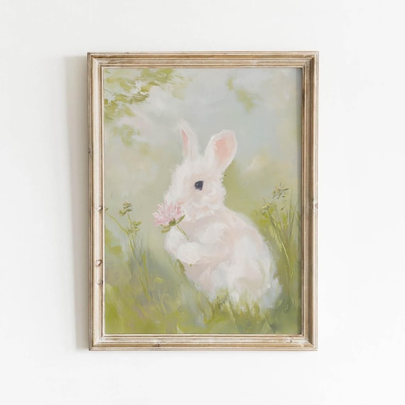 White Bunny Holding Pink Flower Soft Meadow Pastel Rabbit Oil Painting Poster