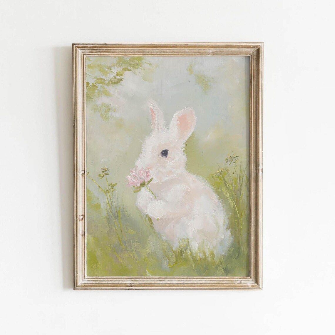 White Bunny Holding Pink Flower Soft Meadow Pastel Rabbit Oil Painting Poster