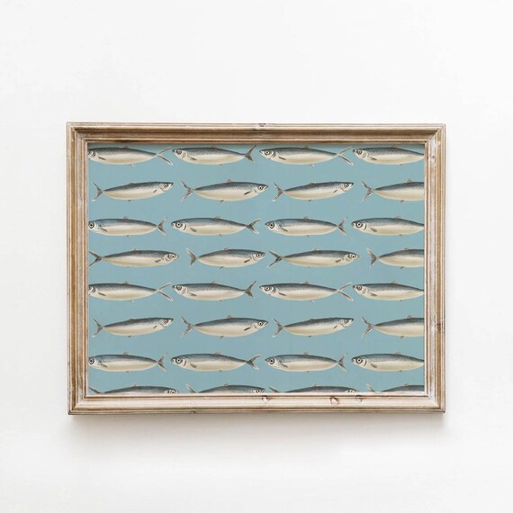 Vintage Sardine Pattern Coastal Fish School Ocean Blue Kitchen Poster