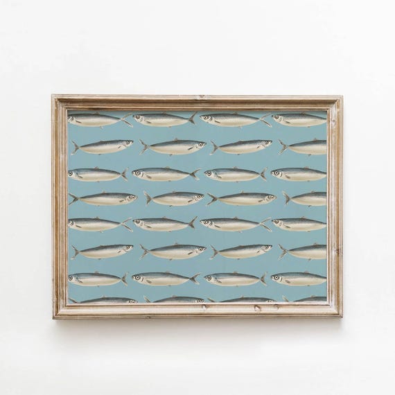 Vintage Sardine Wall Art Coastal Fish School Print Blue Printable Ocean Decor Rustic Minimal Artwork Digital Download 0163