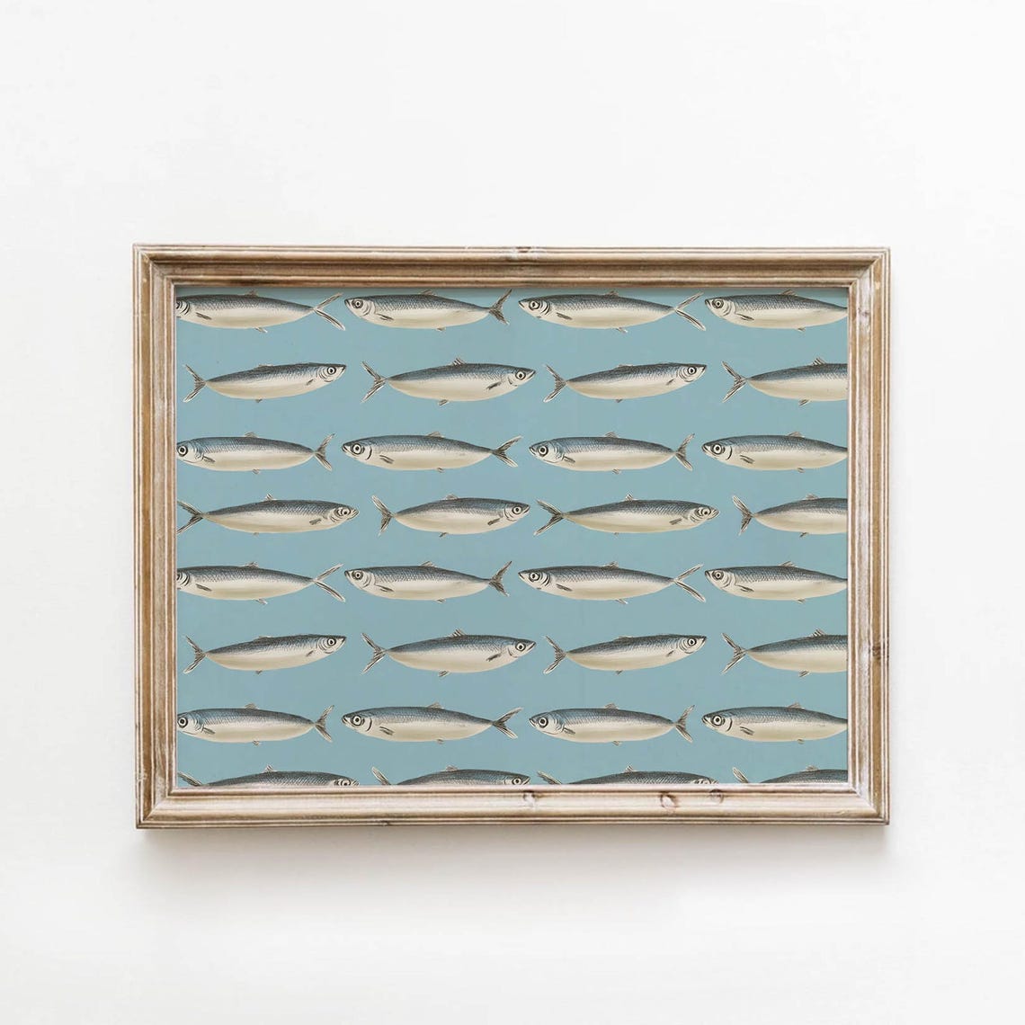 Vintage Sardine Pattern Coastal Fish School Ocean Blue Kitchen Poster